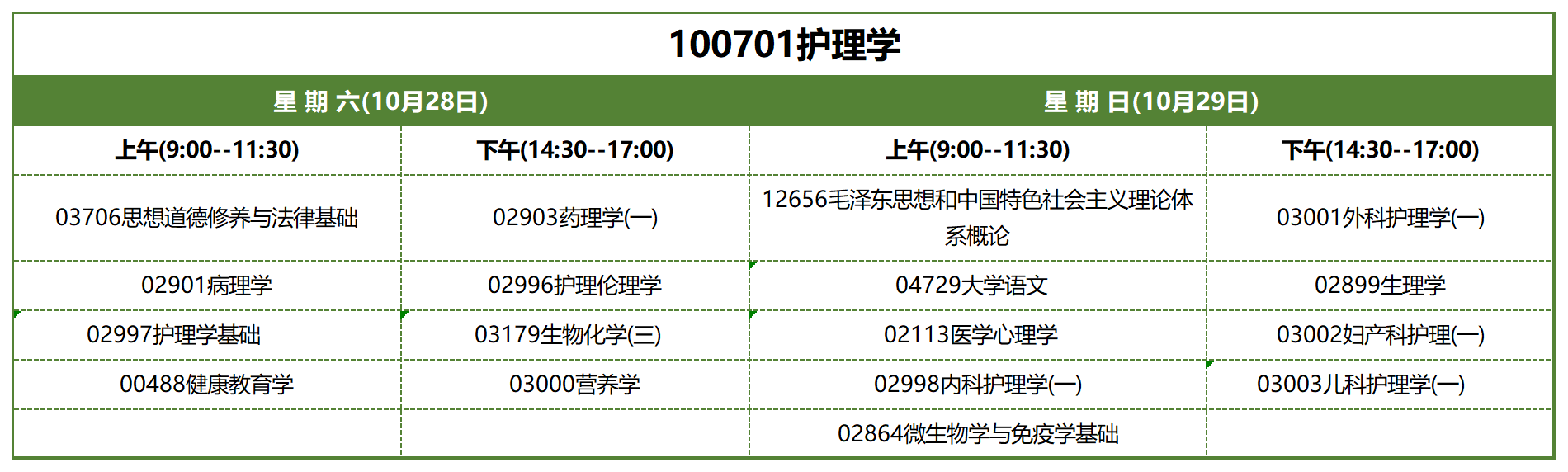 考试安排_100701护理学 考试安排_100701护理学
